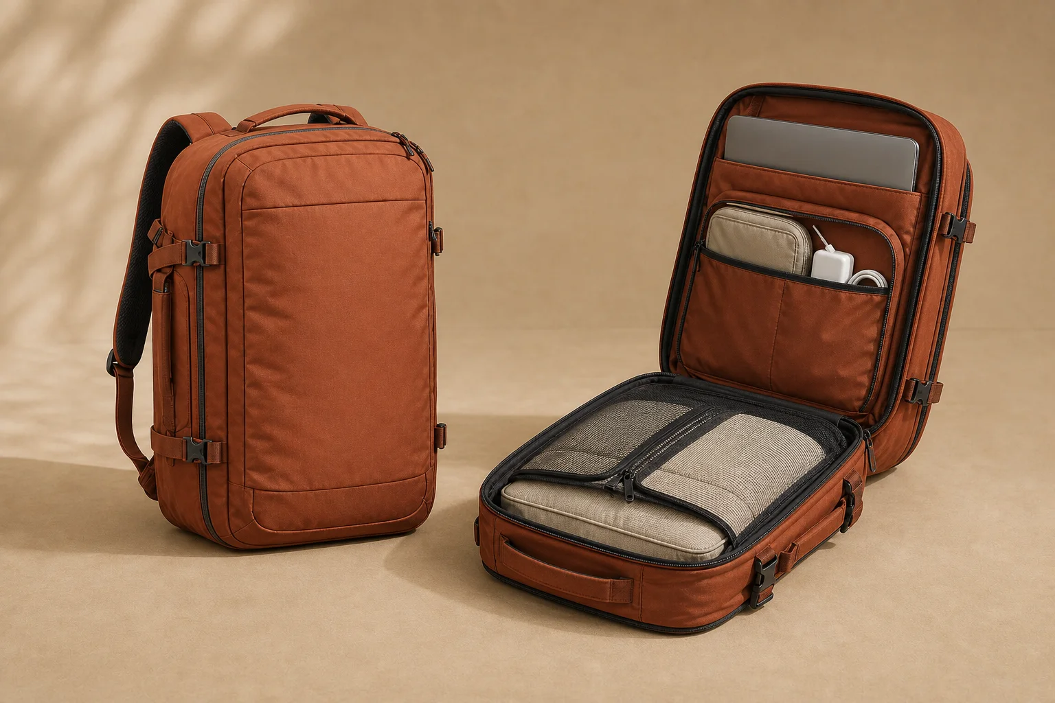 Two rust-orange Carry 38 bags on a tan background: one closed standing upright, one opened flat like a clamshell suitcase with packing cubes under a mesh retention panel and a laptop in the rear sleeve.
