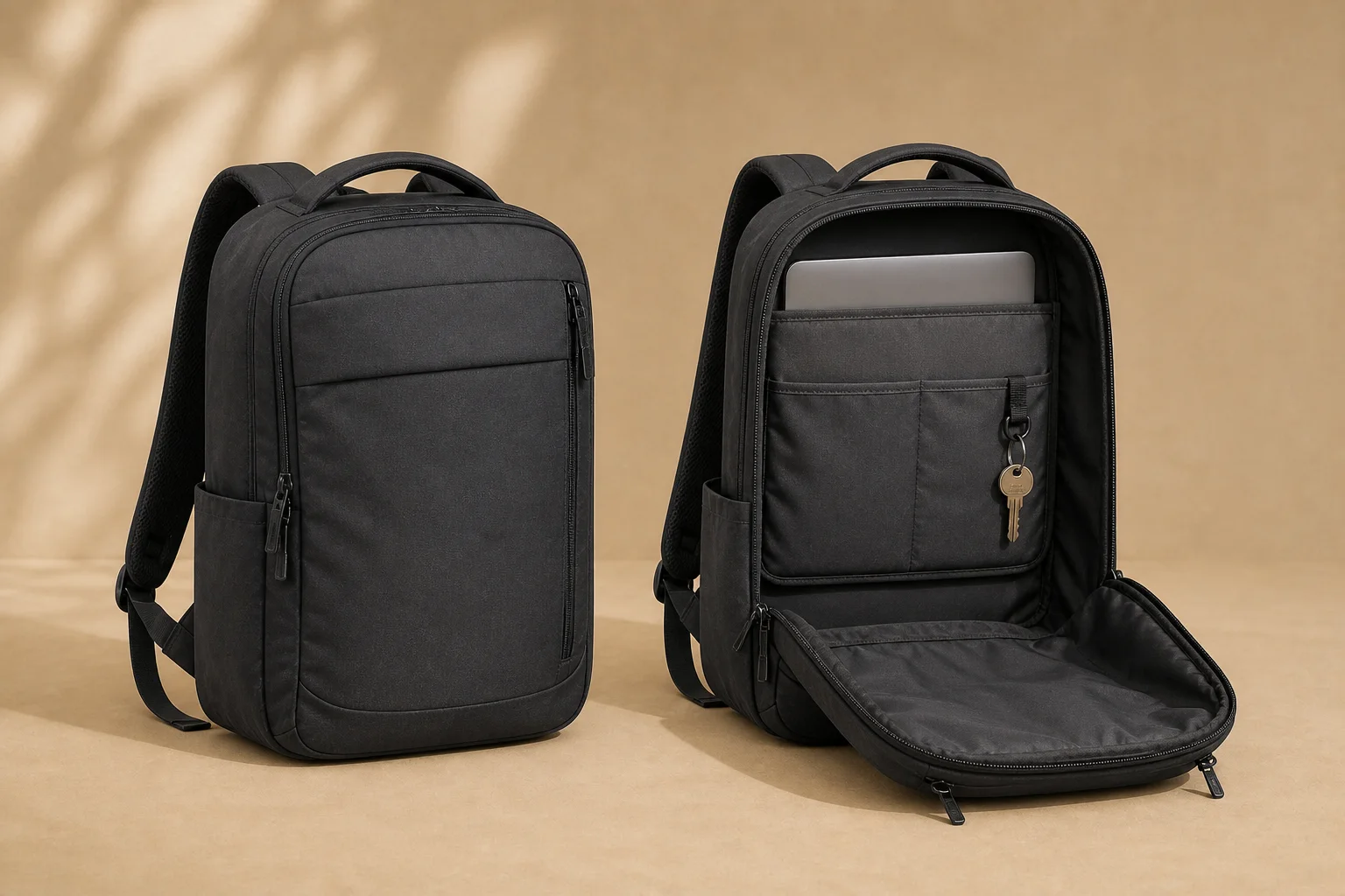 Two charcoal Day 18 backpacks on a tan background: one closed from the front, one opened to show a laptop in the padded sleeve, two slip pockets and a key clip on the organizer panel.