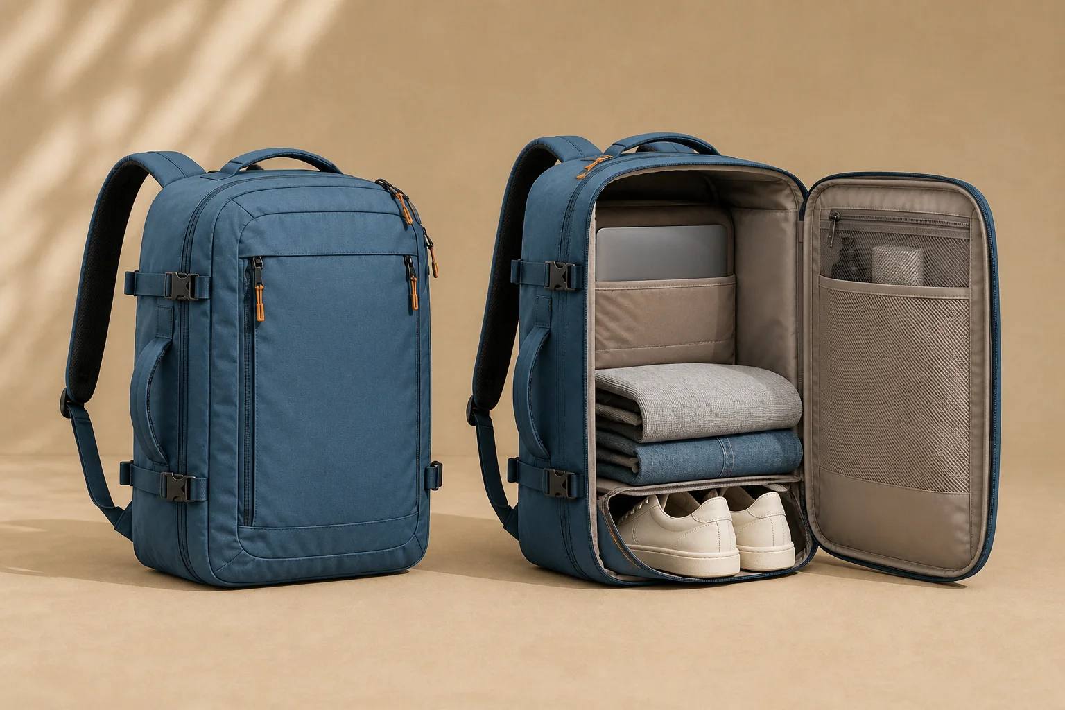 Two mineral blue Weekender 28 bags on a tan background: one closed with side compression straps, one opened wide from the side to show folded clothing behind the internal divider, an end shoe pocket and a mesh toiletry pocket in the lid.
